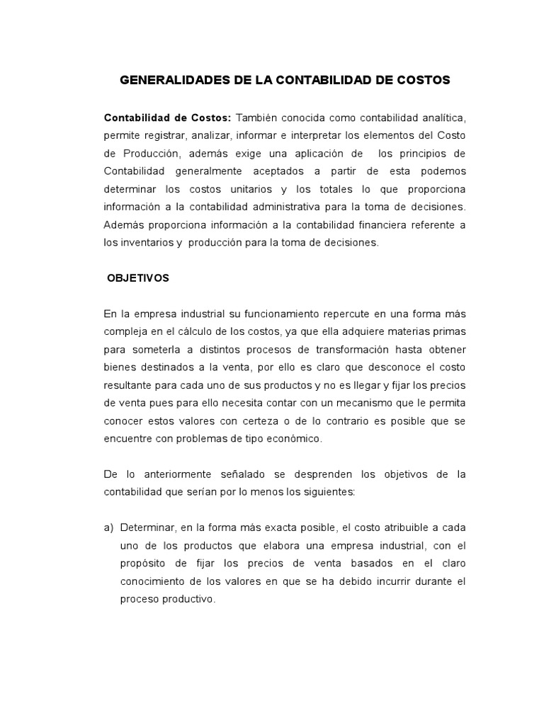 Generalidades de Contabilidad de Costos | PDF | Costo | Contabilidad