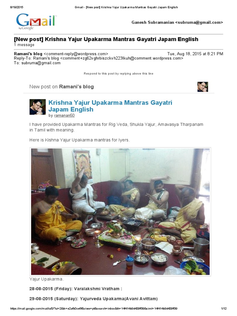 Krishna Yajur Upakarma Mantras Gayatri Japam English Download Free