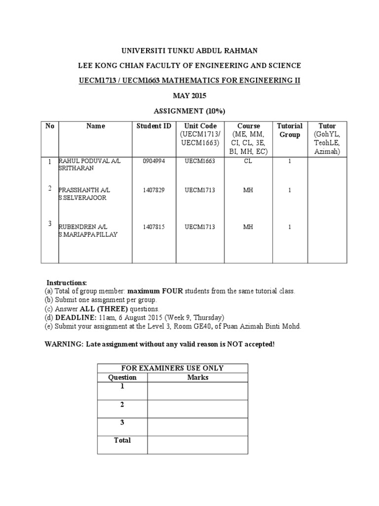 Engineering Mathematics Assignment Guide | PDF | Teaching Methods ...