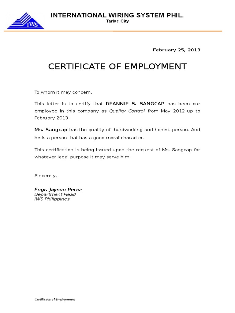 Sample Of Certificate Of Employment For Construction