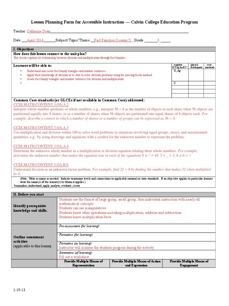 Fact Families Lesson Plan for Grade 3 | PDF | Worksheet | Learning