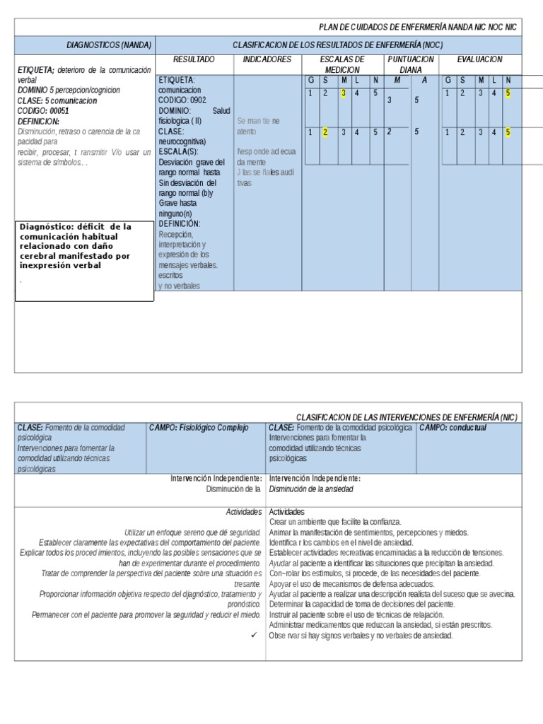 Plan de Cuidados de Enfermería Nanda Nic Noc Nic PDF Ansiedad Sicología