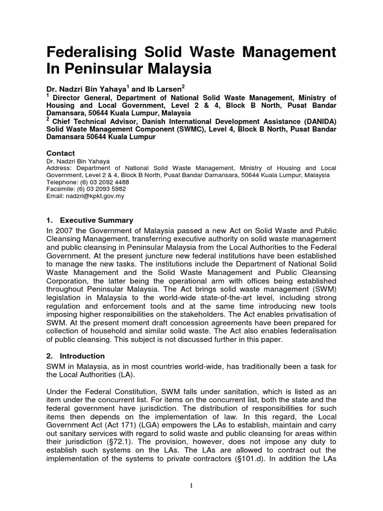 Federal Solid Waste Management in Malaysia | PDF | Waste Management ...