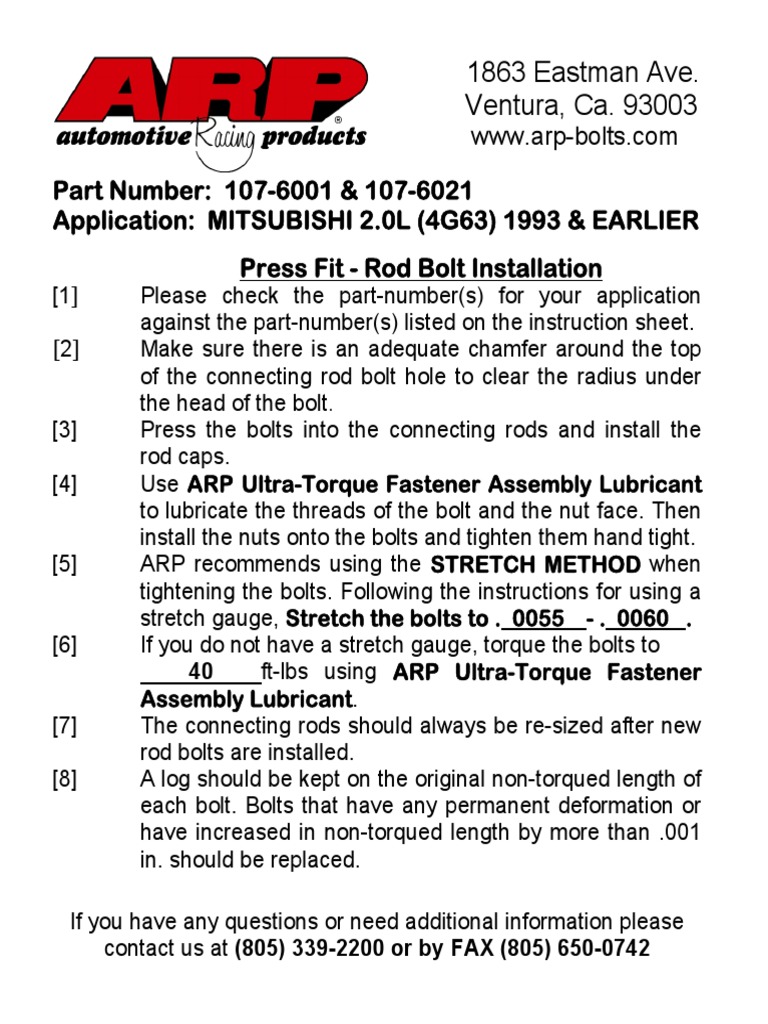 ARP Torque Specs for 4G63 Rod Bolts | PDF | Nut (Hardware) | Screw