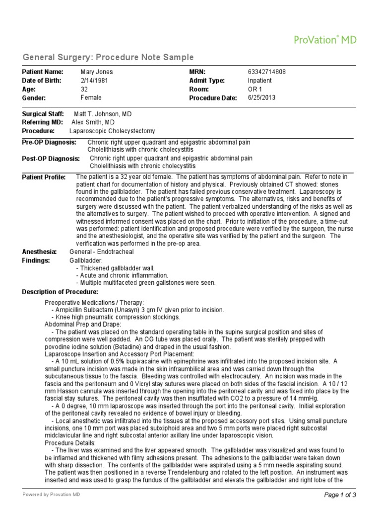 PV MD General Surgery Procedure Note  PDF Regarding Operative Note Template