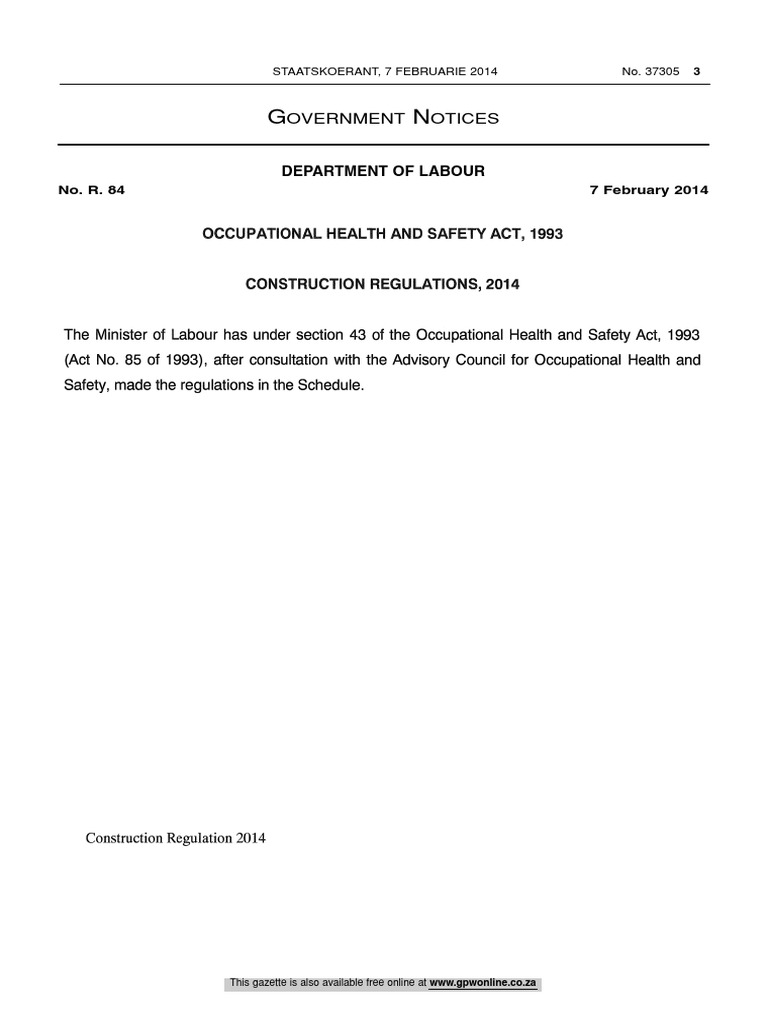 Construction Regulations 2014 Full Version Occupational Safety And