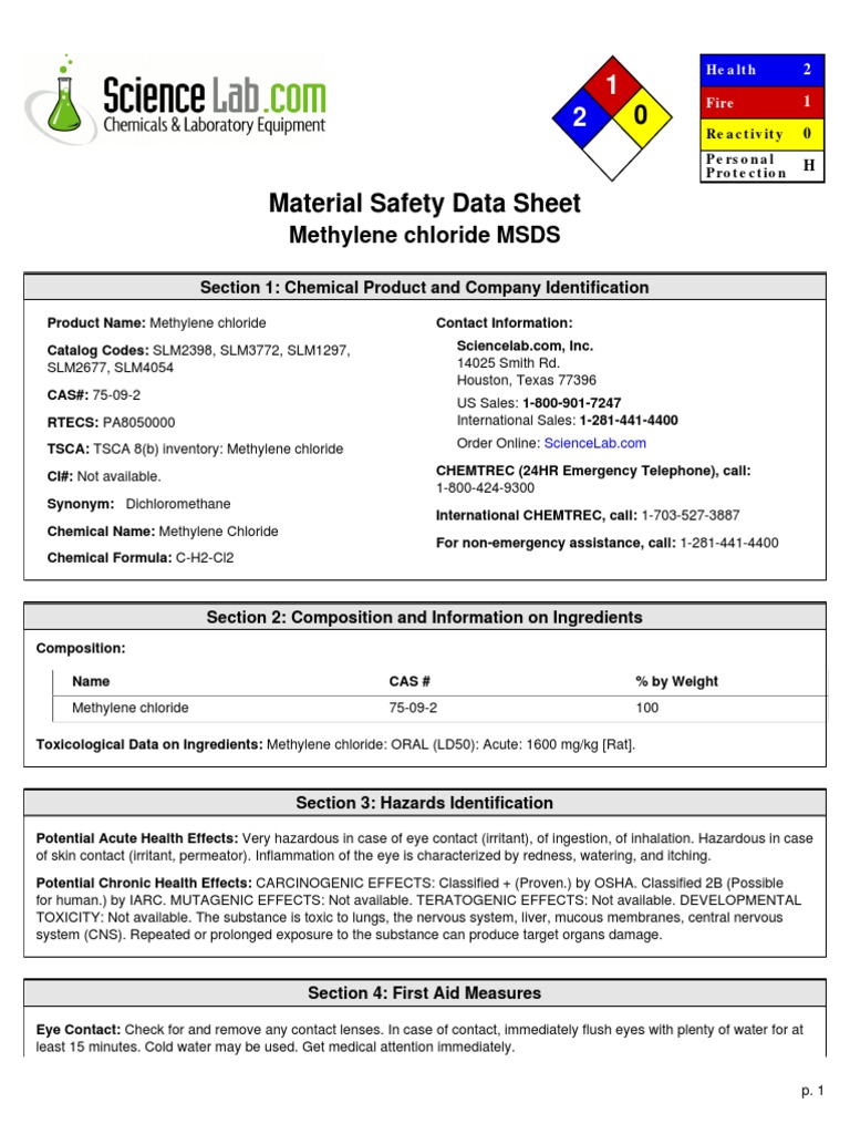 Msds Methylene Chloride | PDF | Toxicity | Breathing