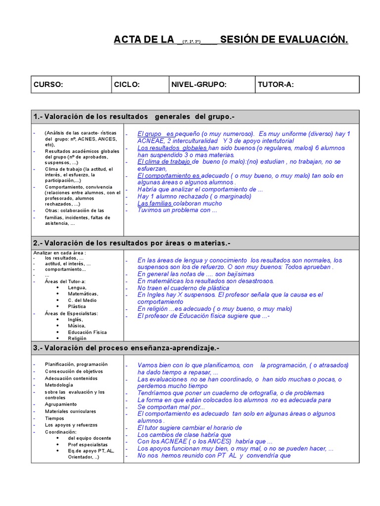 Acta De La Sesion De Evaluacion Primaria Ejemplo Educación Física