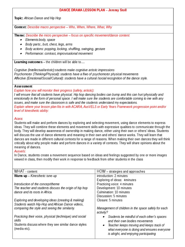 Dance Drama Lesson Plan 4 PDF Hip Hop Dances