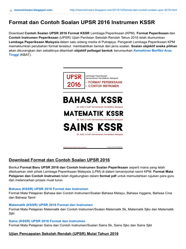 Format Dan Contoh Soalan UPSR 2016 Instrumen KSSR  PDF
