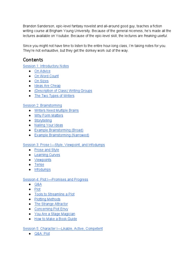 Brandon Sanderson Lecture Series Notes PDF Plot (Narrative) Narration