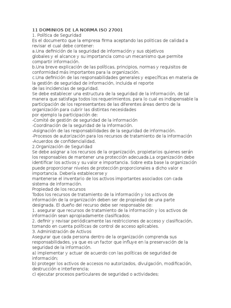 Dominios de la norma ISO 27001 | PDF | Continuidad del negocio ...