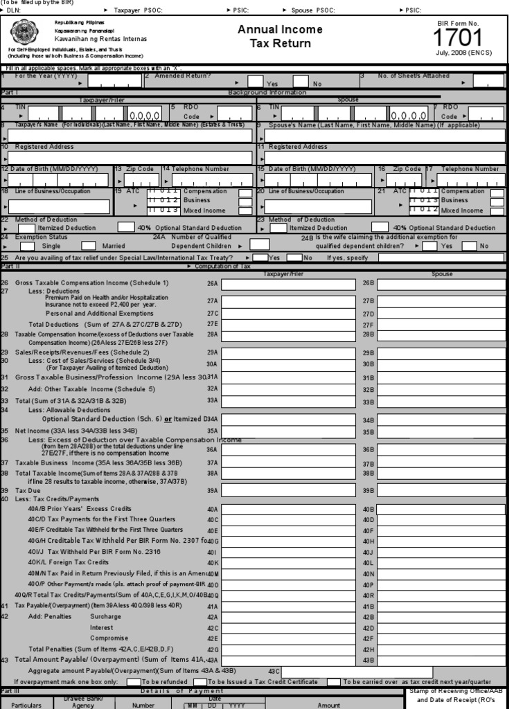 Annual Income Tax Return Form 1701 | PDF | Tax Deduction | Government ...