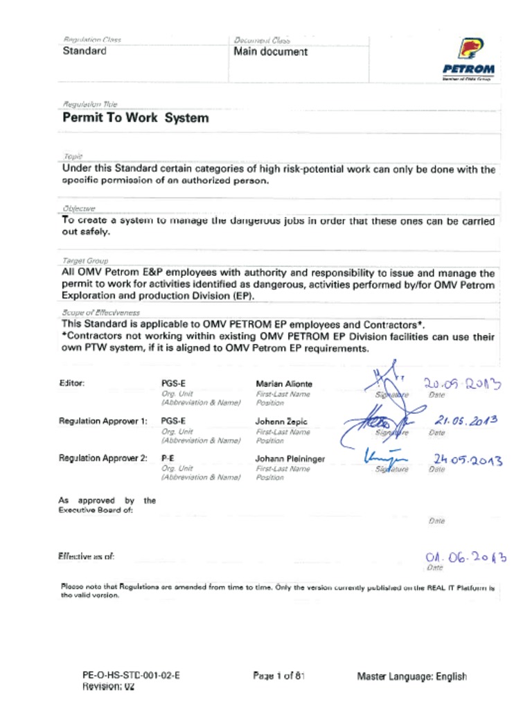 PE O HS STD 001 02 E - OMV Petrom EP Permit To Work Standard | PDF ...