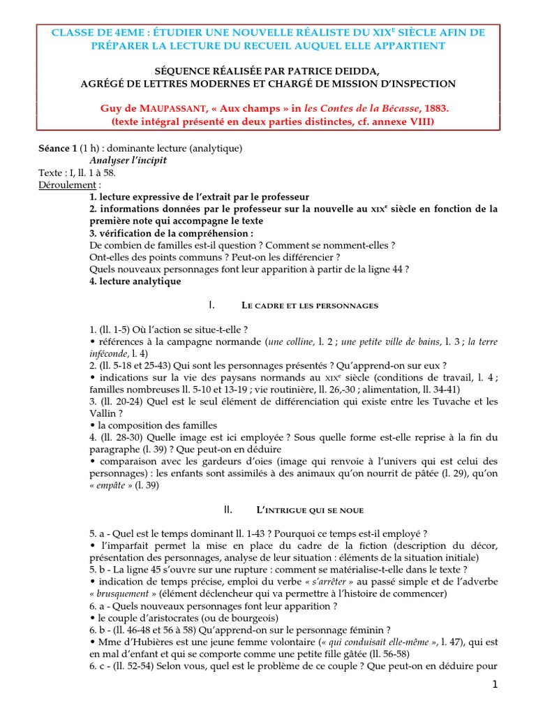 Aux Champs Guy De Maupassant Fiche De Lecture Seq Aux Champs PDF | PDF | Guy de Maupassant | Romans