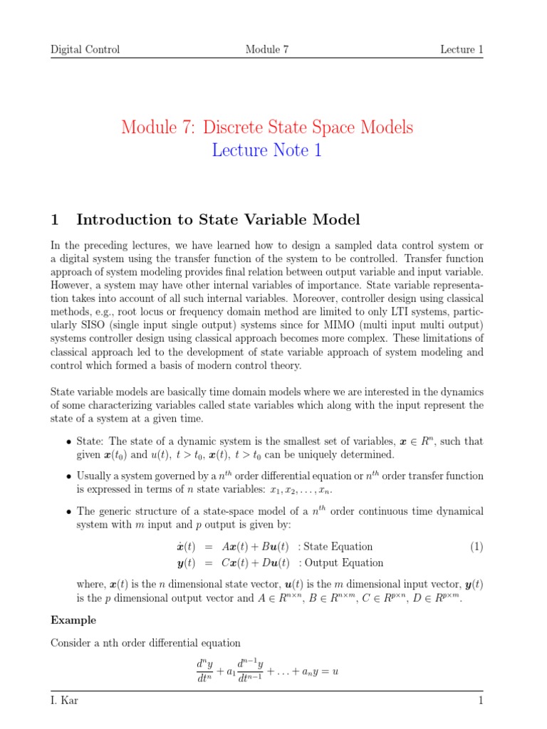 Module 7: Discrete State Space Models: Lecture Note 1 | PDF | Control ...