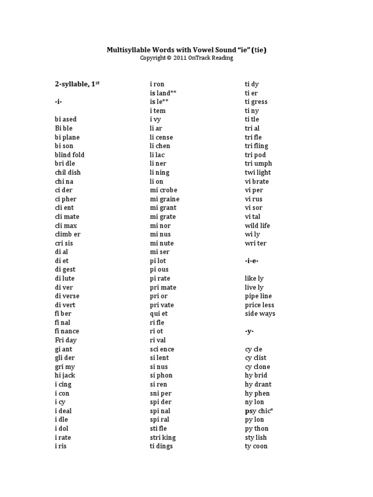 Multisyllable Ie Syllable Vowel