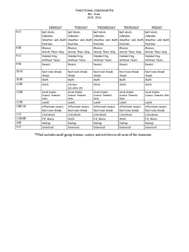 Traditional Kindergarten Weekly Schedule | PDF | Language Arts & Discipline
