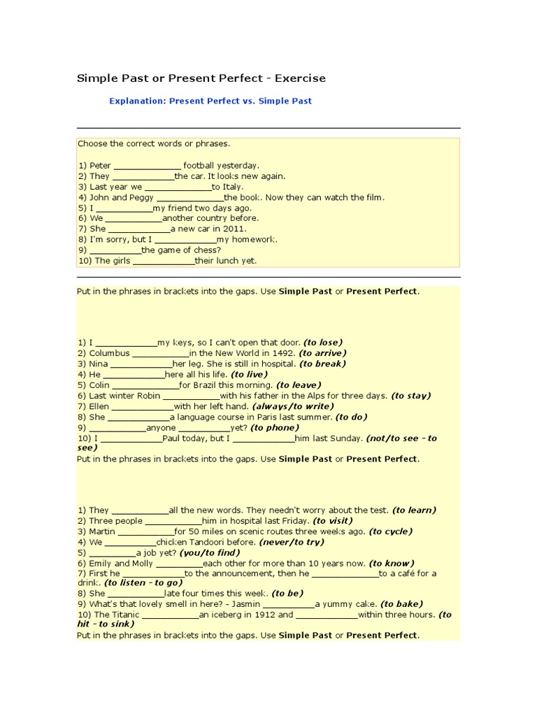 Simple Past vs. Present Perfect Exercise | PDF | Language Arts & Discipline
