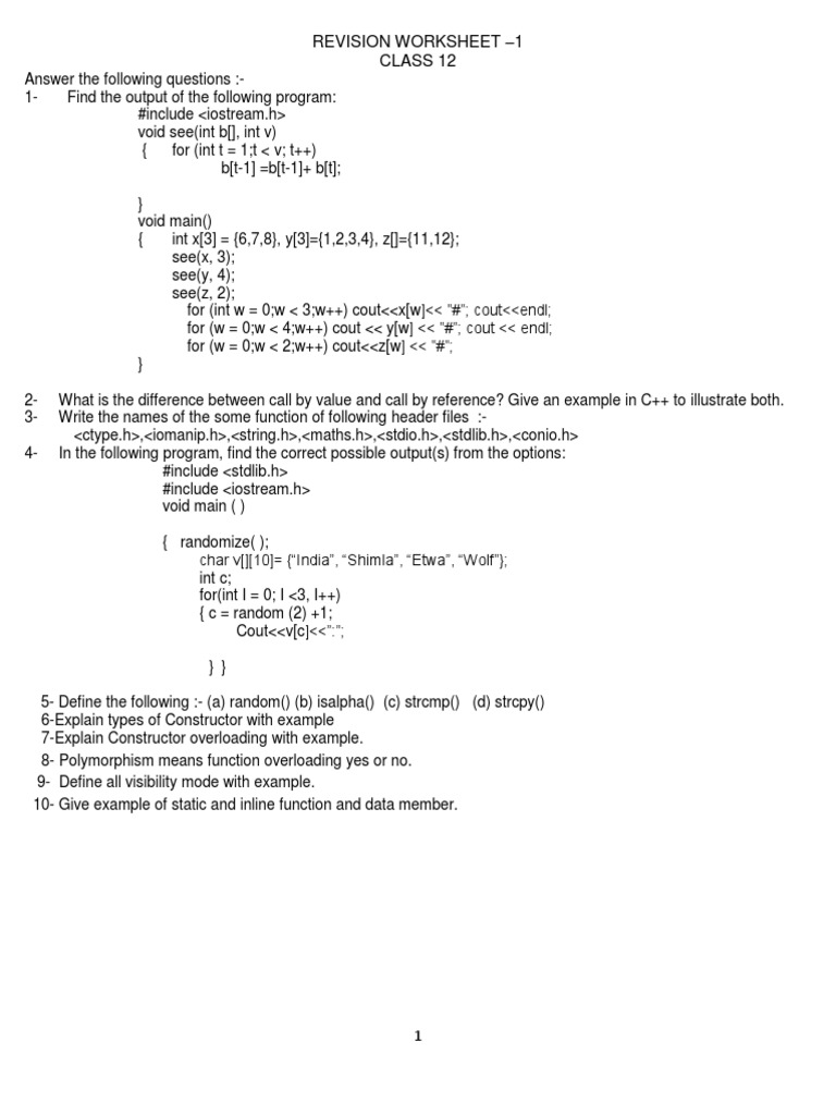 Revision Worksheet 1-Class 12 | PDF