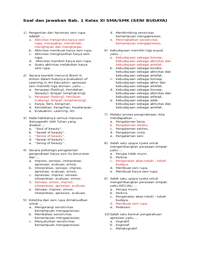 Soal Seni Rupa Kelas 9 Semester 1 Dan Kunci Jawaban