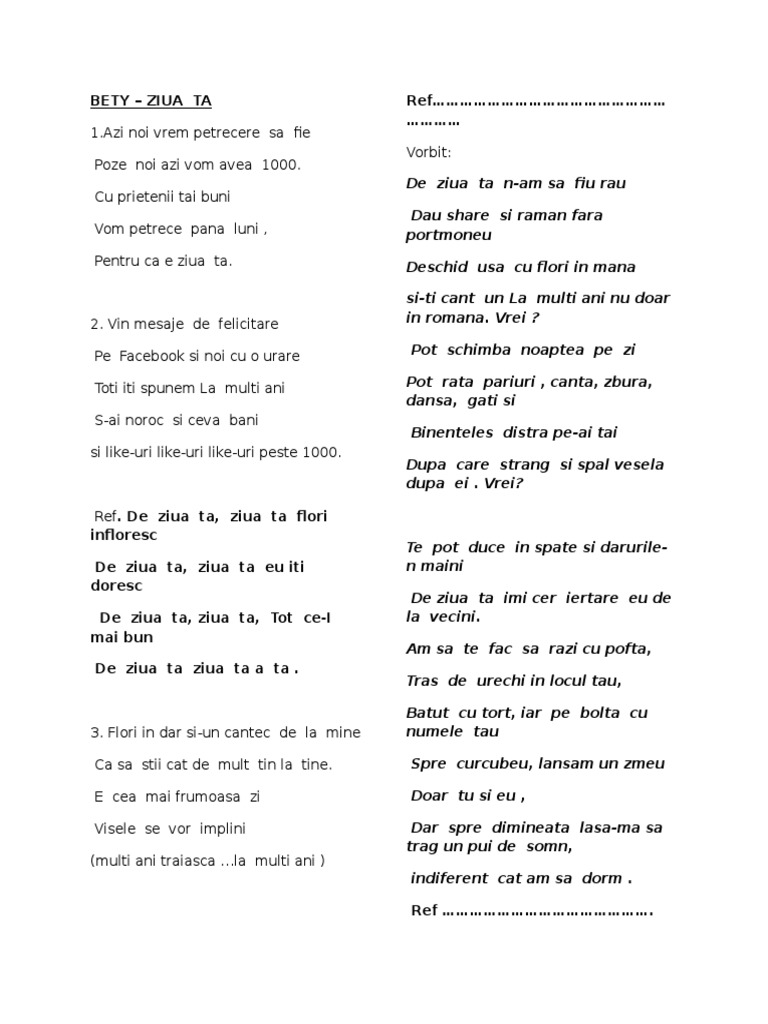Bety De Ziua Ta Versuri