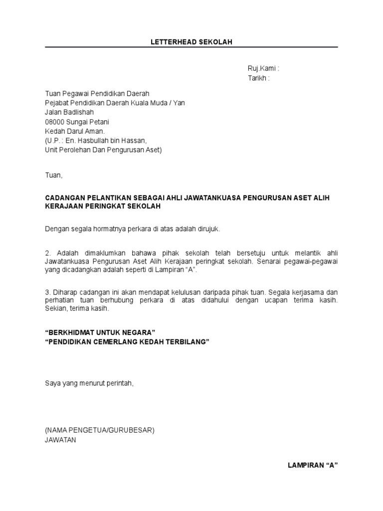 Contoh Surat Lantikan Jkpak Sekolah Pdf