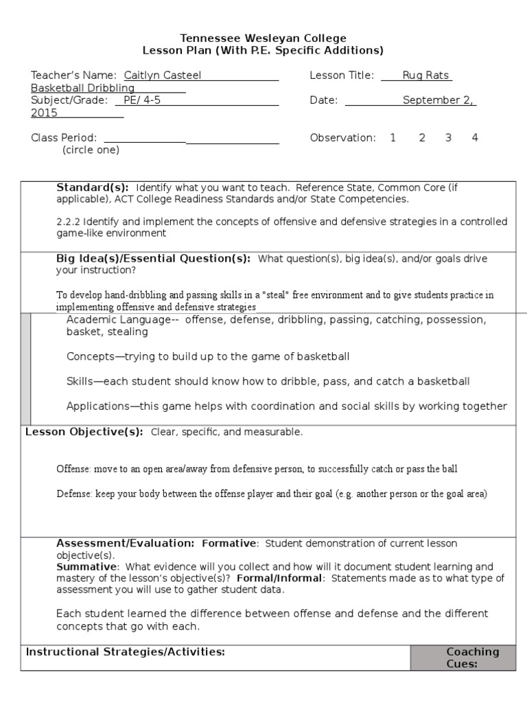 Tennessee Wesleyan College Lesson Plan (With P.E. Specific Additions ...