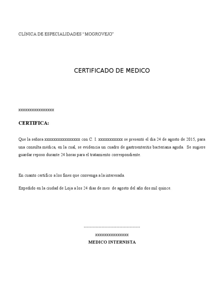 Modelo Certificado Médico Especialidades Medicas