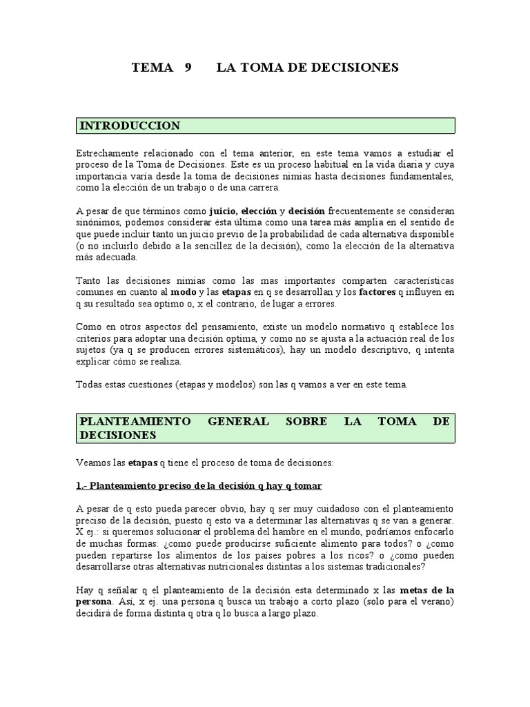 Tema 9 - La Toma de Decisiones | PDF | Toma de decisiones | Axioma