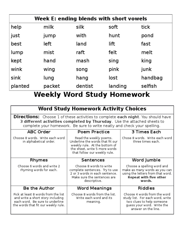 Weekly Word Study Homework - Week e | PDF | Linguistics