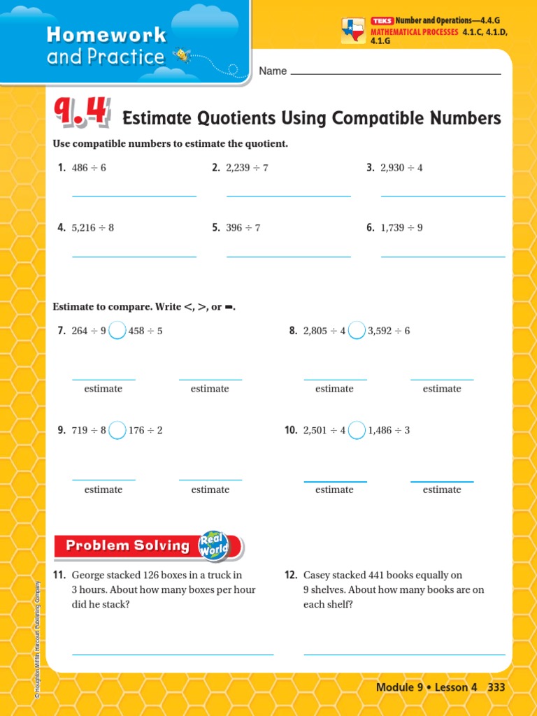 Estimate Quotients Usinc Compatible Numbers Worksheets