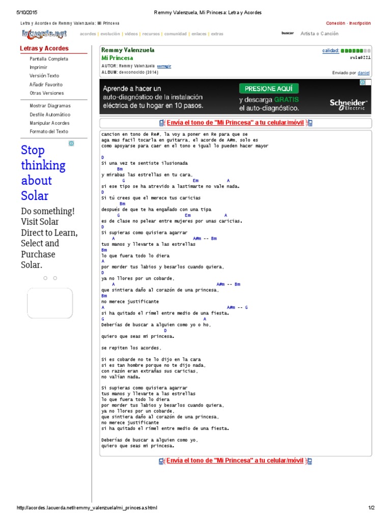 Remmy Valenzuela Mi Princesa Letra Y Acordes Pdf Acorde Musica