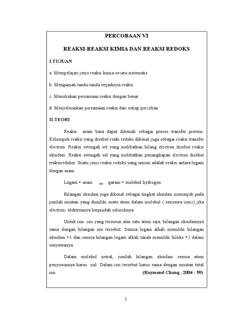 laporan praktikum Reaksireaksi Kimia Dan Reaksi Redoks