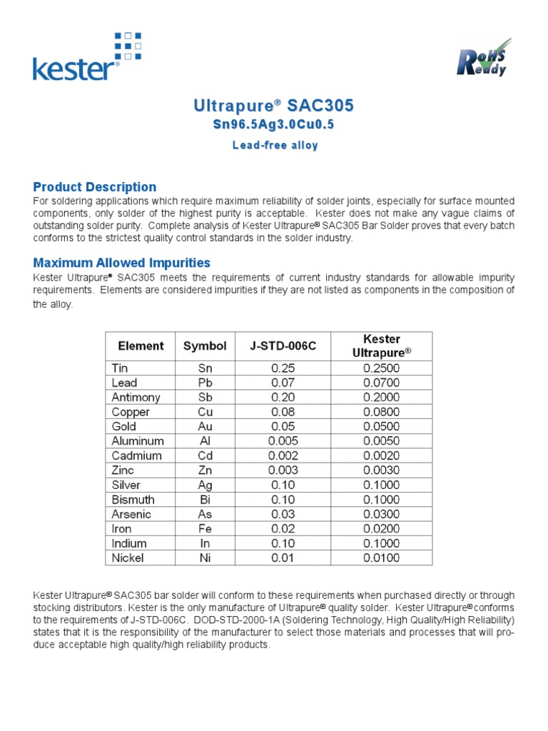 SAC 305 Bar Solder Data Sheet Solder Reliability Engineering