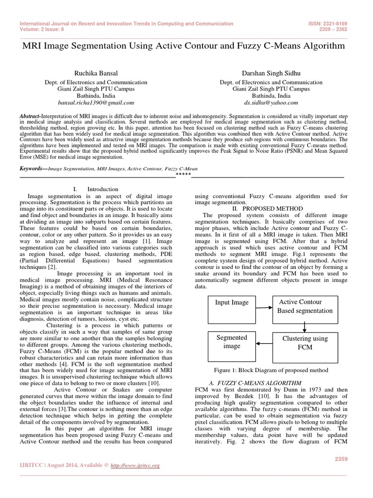 MRI Image Segmentation Using Active Contour and Fuzzy C Means Algorithm ...
