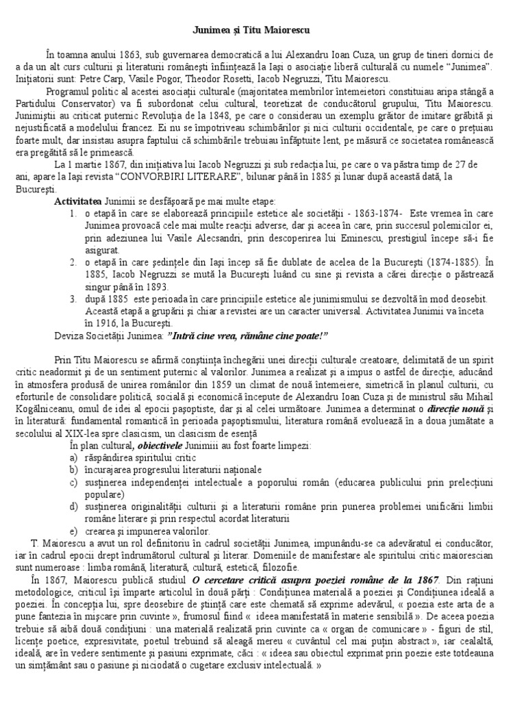 Societatea Junimea Si Titu Maiorescu | PDF