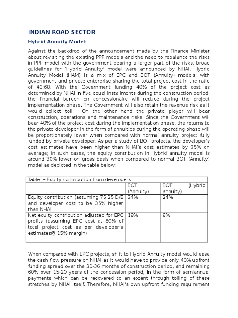 Hybrid Annuity Model PDF PublicPrivate Partnership Equity (Finance)