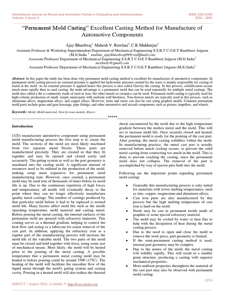Permanent Mold Casting Pdf Casting Metalworking Crystalline Solids