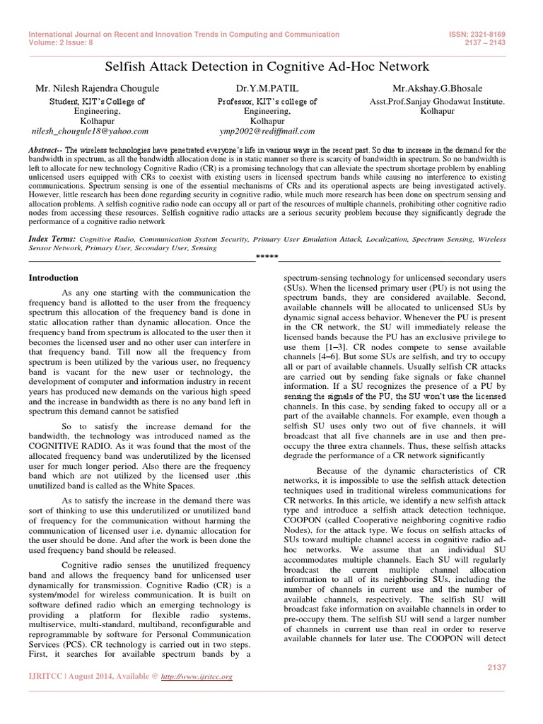 Selfish Attack Detection in Cognitive Radio | PDF | Cognitive Radio ...