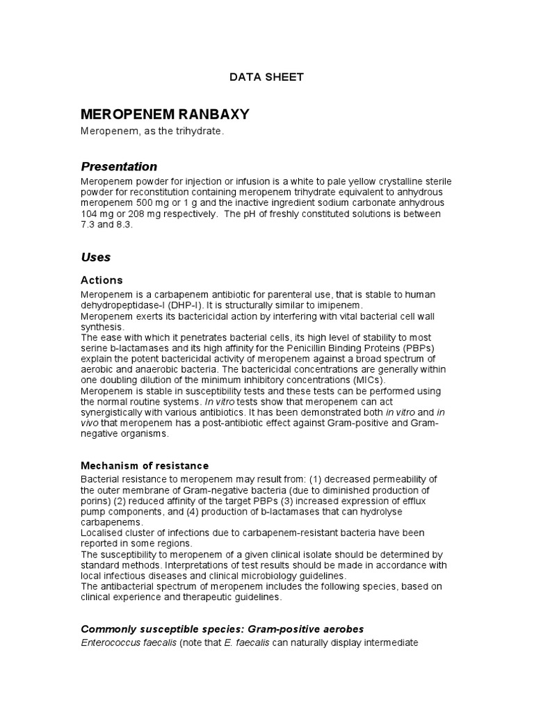 Meropenem Ranbaxy: Antibiotic Data Sheet | PDF | Renal Function | Dose ...