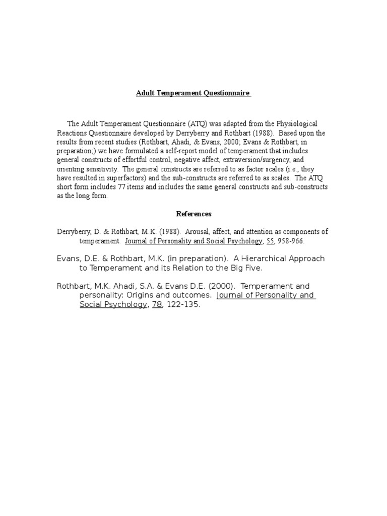 Adult Temperament Questionnaire Overview | PDF | Affect (Psychology ...