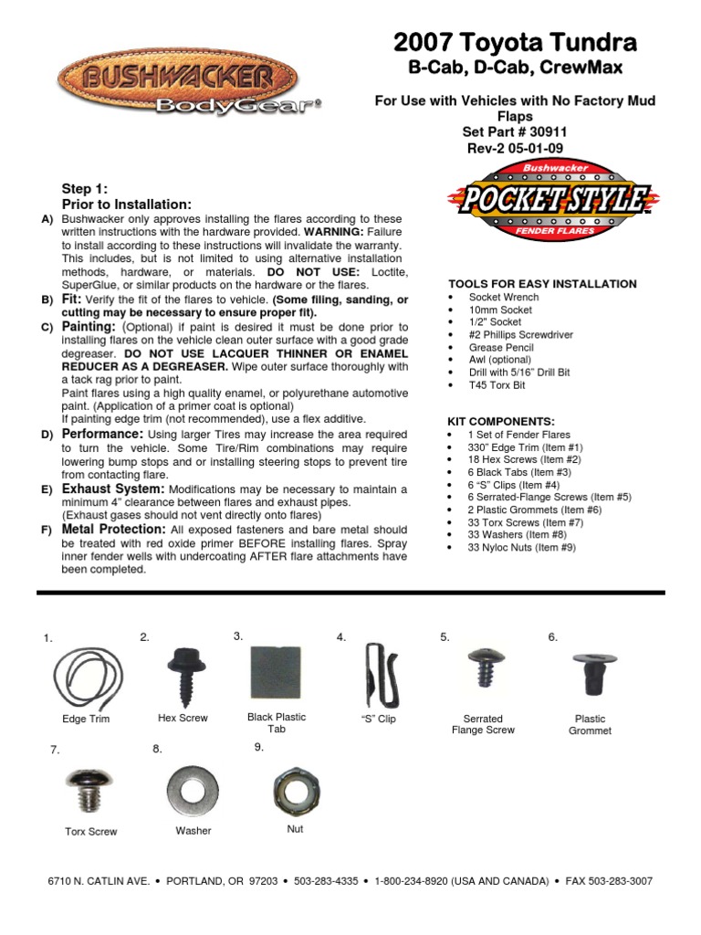 Toyota Tundra Bushwacker Fender Flares Installation Instructions PDF