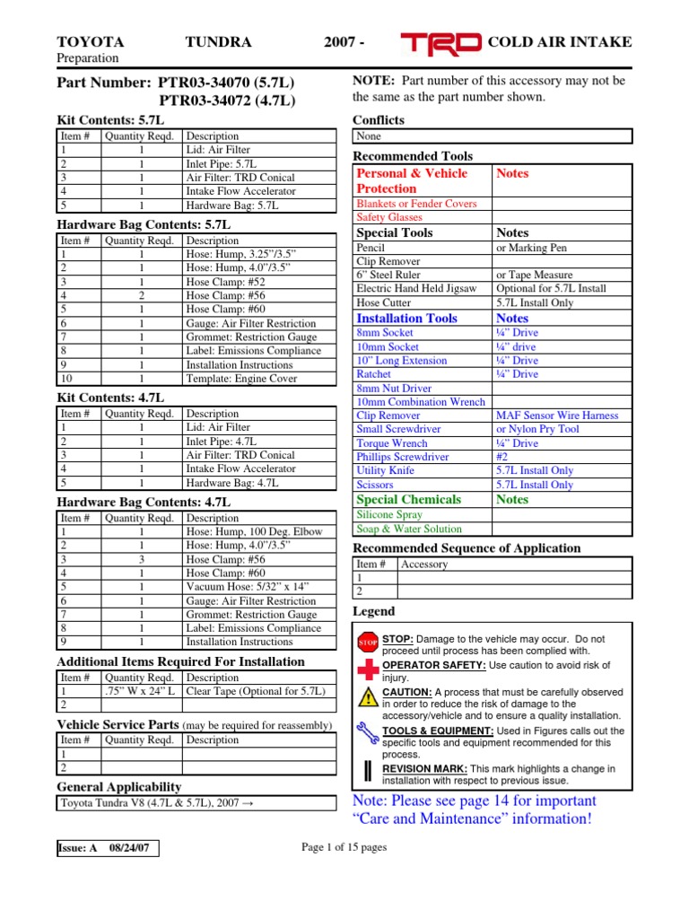 Toyota Tundra TRD Cold Air Intake Installation Instructions PDF