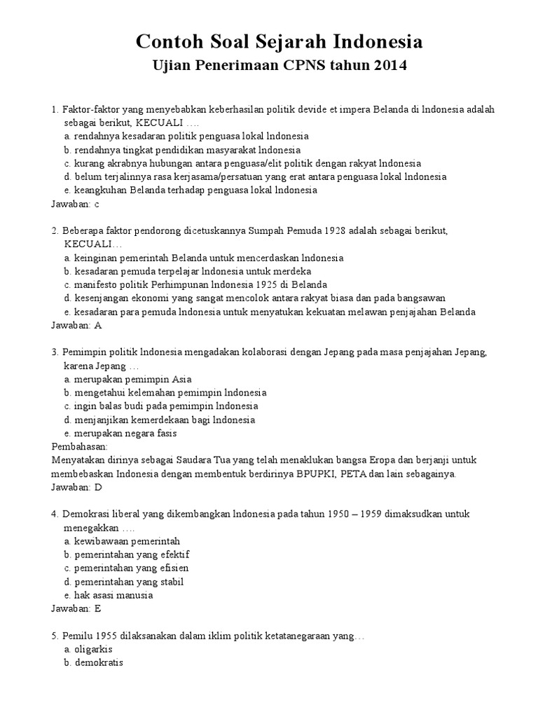 Contoh Soal Sejarah Indonesia