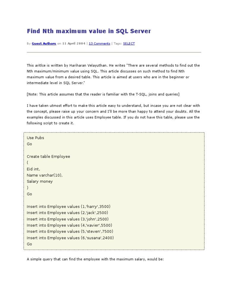 Find NTH Maximum Value in SQL Server | PDF | Sql | Information Retrieval