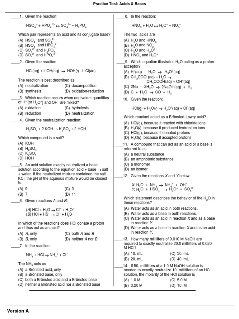 Practice Test Acids Bases PDF Ph Acid