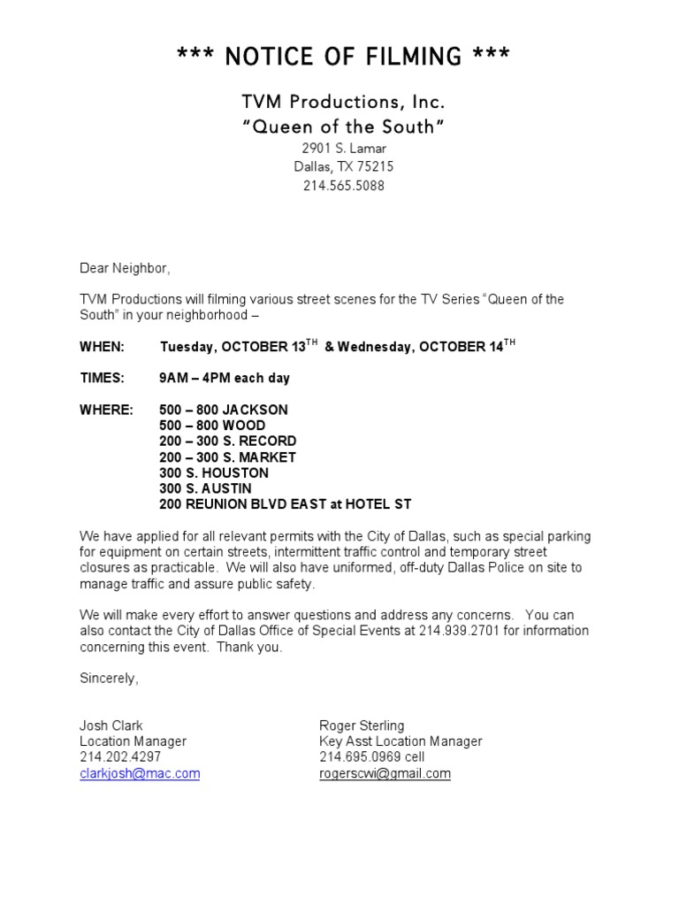 Filming Notice: Queen of the South | PDF | Art