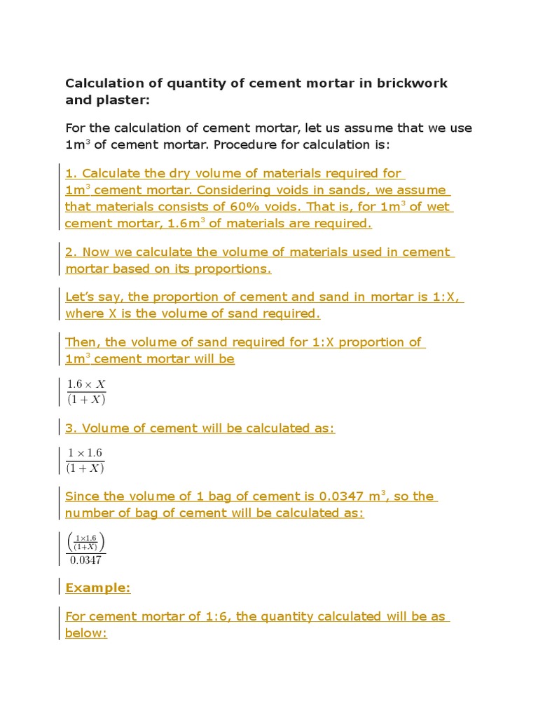 Cement Mortar Calculation Guide | PDF | Mortar (Masonry) | Plaster