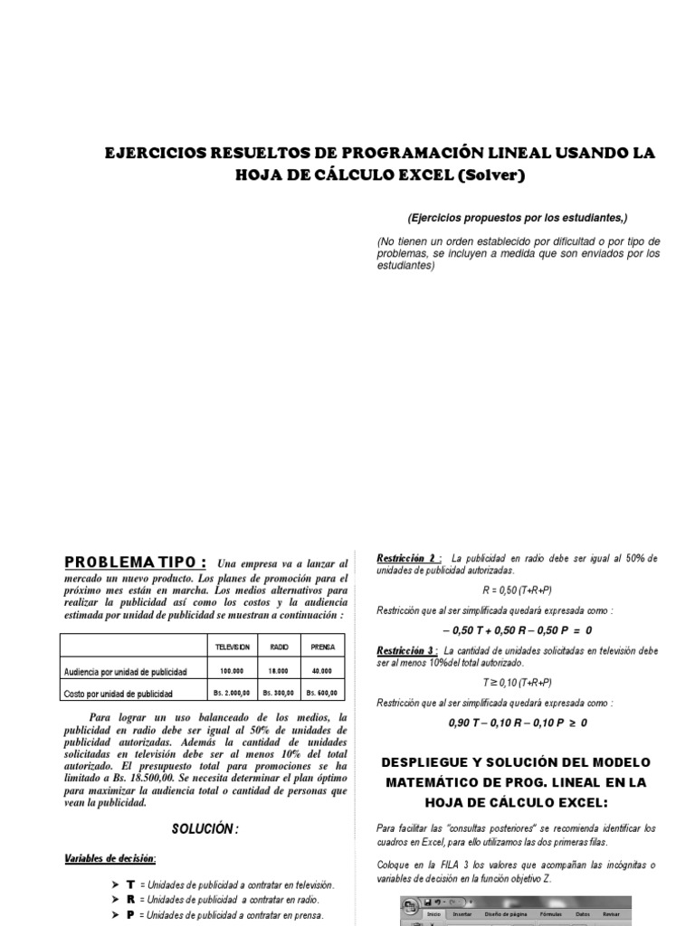 Ejercicios Solver Pdf Programación Lineal Hoja De Cálculo
